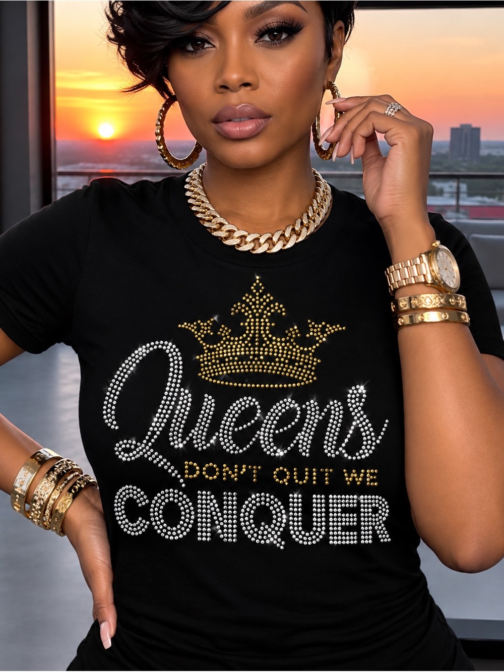 Black 'Queens Conquer' Studded Short Sleeve Tee